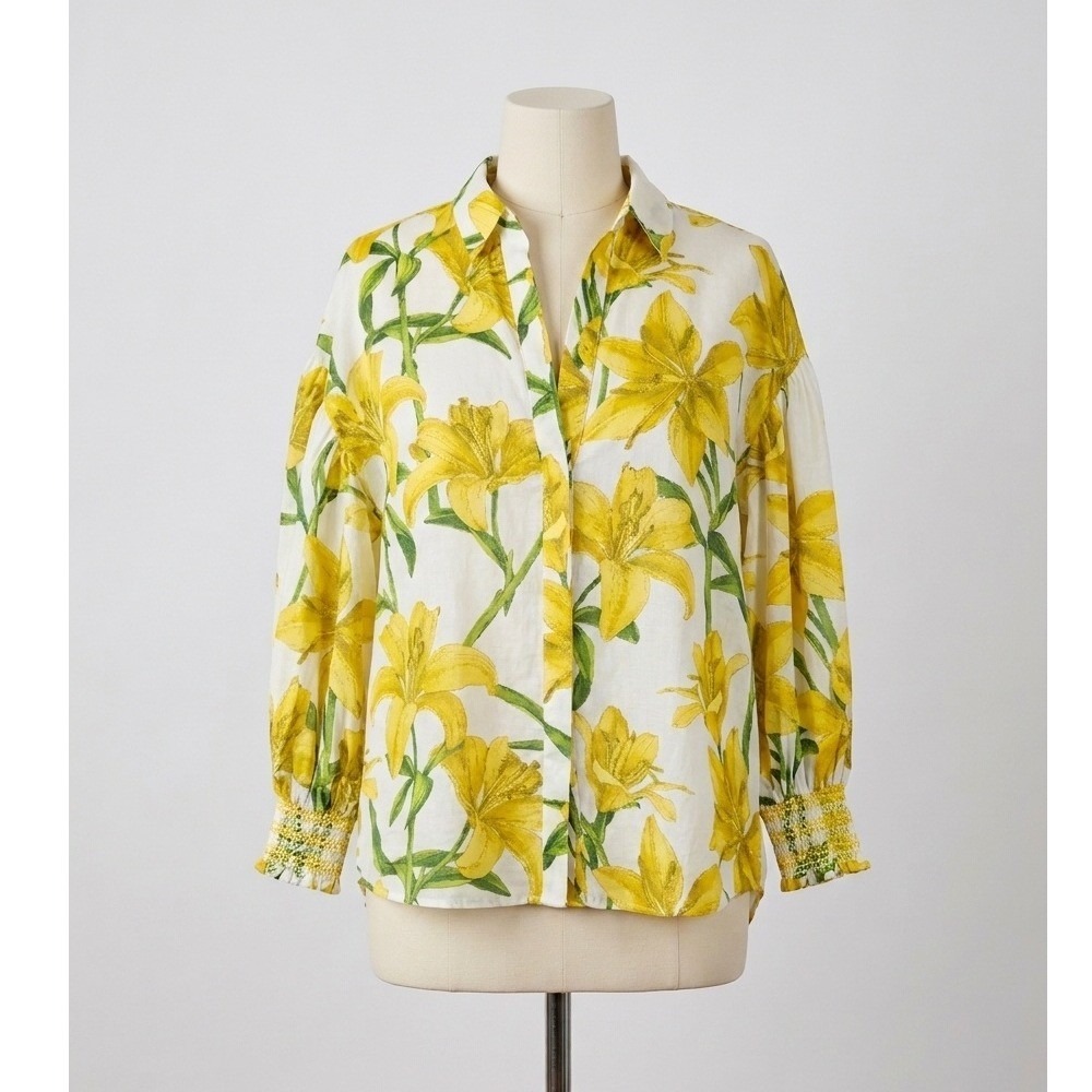 Alice +‎ Olivia Maylin Yellow Lily Floral Silk Blend Puff Sleeve Blouse Large - Picture 3 of 16